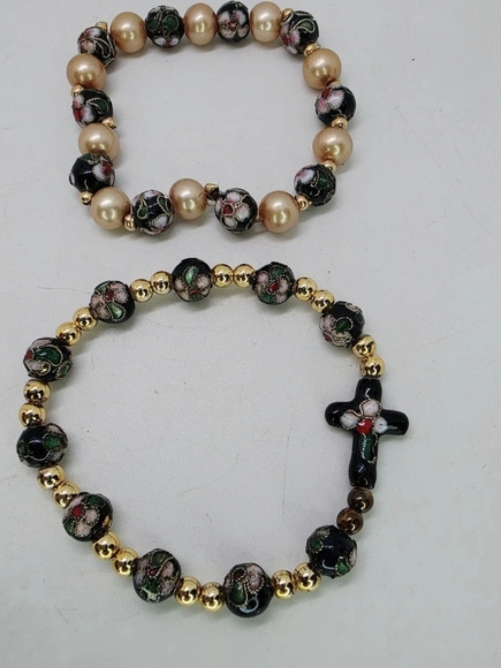 Vintage Cloisonne Bead Cross Pearl Stretch Bracelet Set Of Two Layer Stack Lot